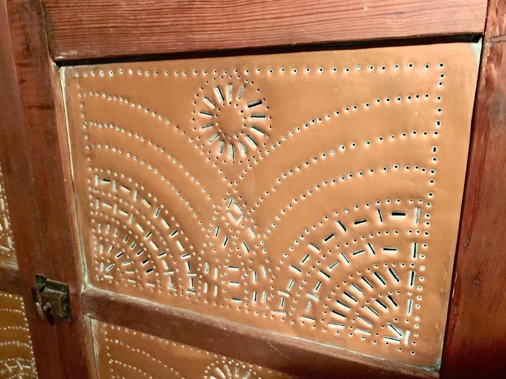 1) 12-Copper Tin Pie Safe w/Rising Sun Tin Design, Bottom Drawer